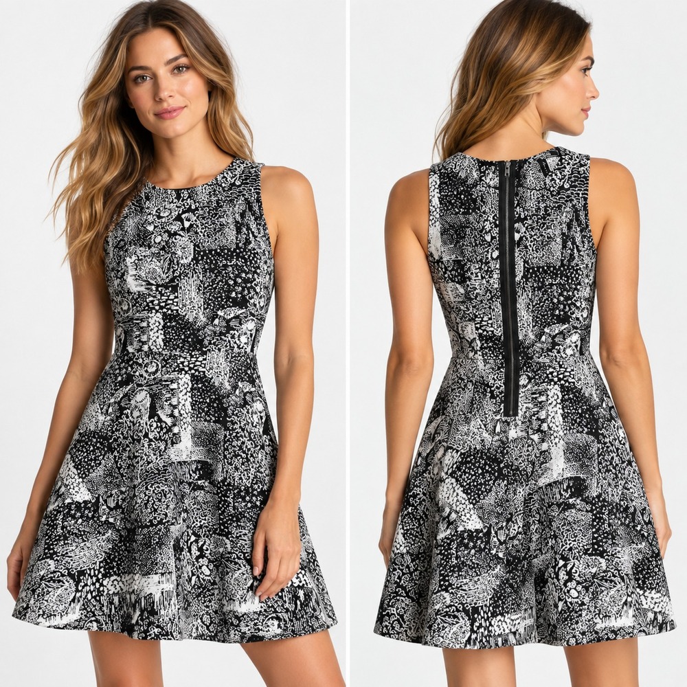 BCBGMAXAZRIA Cassandra M Black White Jacquard Fit Flare Dress Graphic Cocktail